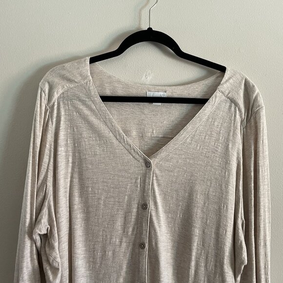 J.Jill Women XL Oatmeal Jersey Slub Roll Tab Sleeves V-Neck Button Up Top - Picture 5 of 9